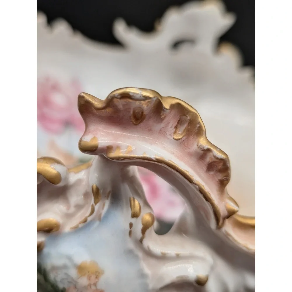Vintage Hand Painted Floral Porcelain Centerpiece Bowl Gold Gilt Cherub Footed